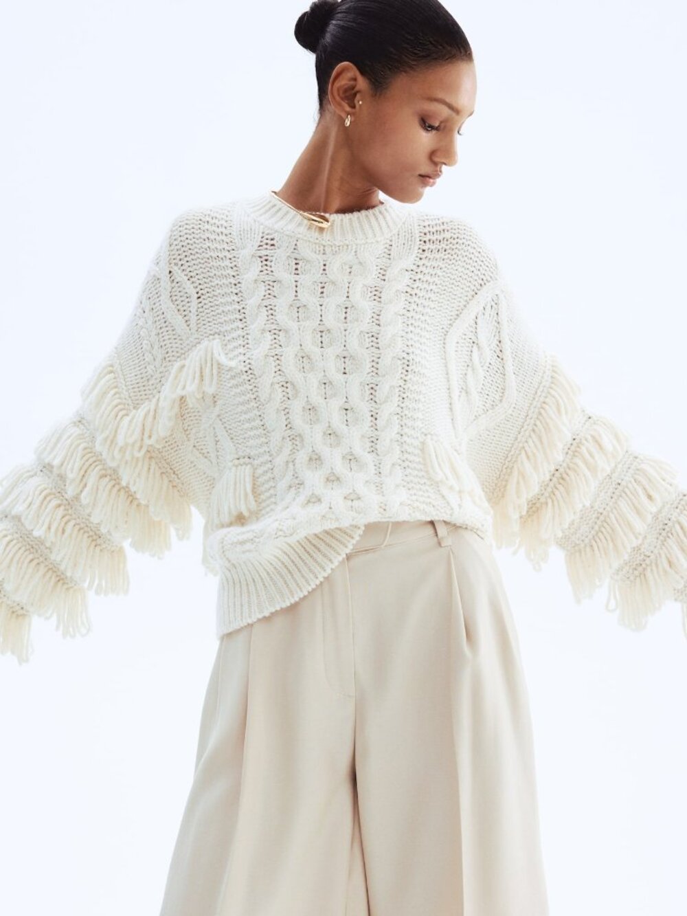 H&M NWT Cream Cable Knit Fringe Sweater XS Oversized Chunky Boho Cozy